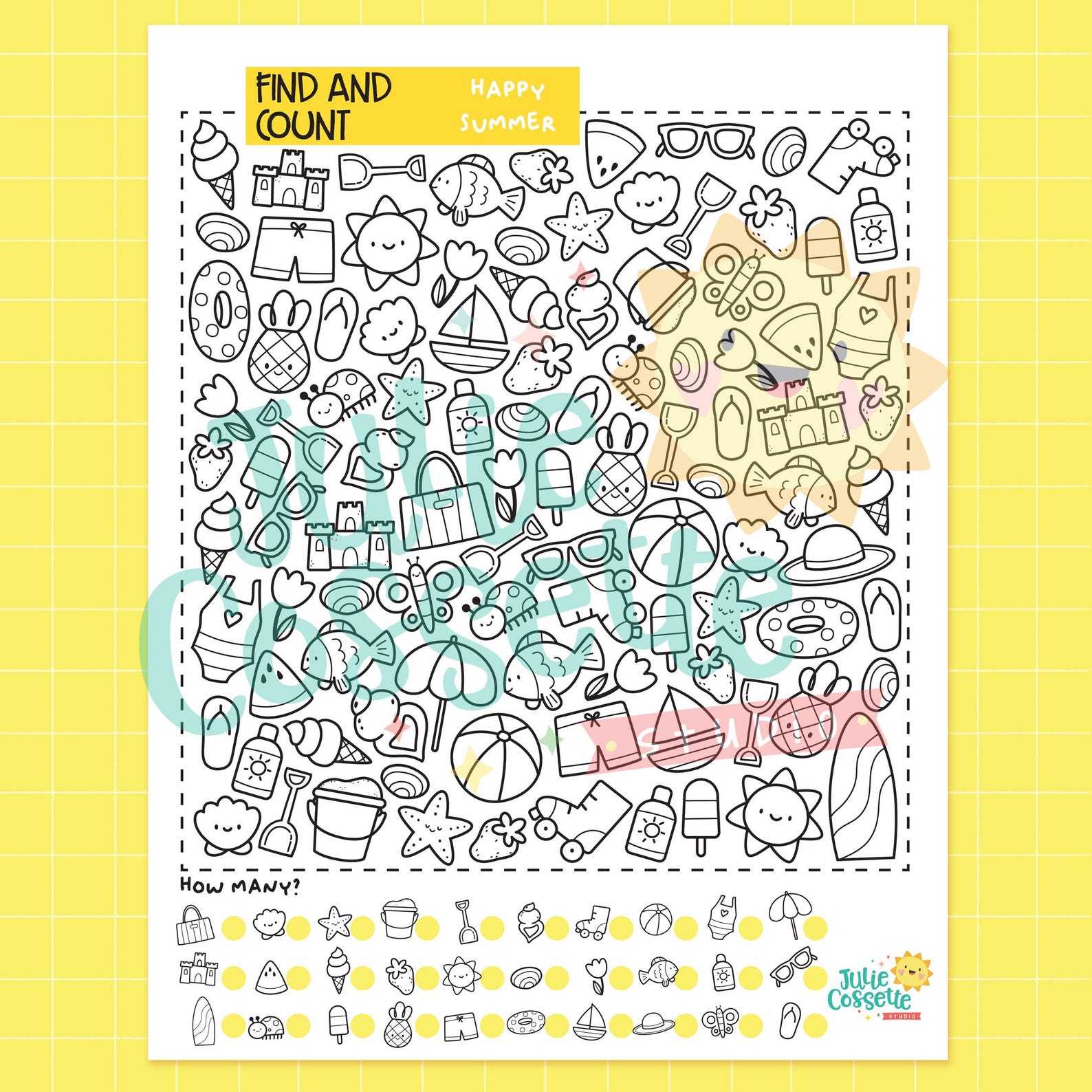 Summer Printable Search and Find Coloring Page for Kids, Counting ...