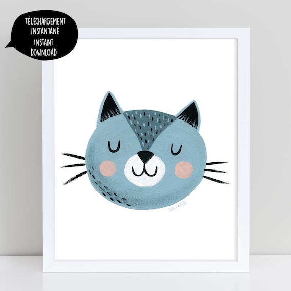 Kot Ilustracja Kot Sztuka Kot Głowy Niebieski Kot Uroczy Kot Kot Do Druku Plakat Kot Kot Pokój Dziecko Kot Pokój Baby