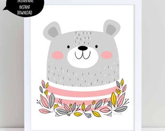 bear illustration, bear art, bear art print, bear wall art, bear wall decor, nursery wall art, woodland art, printable wall art, bear print