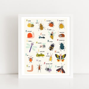 FRENCH cute bugs alphabet, insects poster, nursery wall art, kids room decor, nature digital art, playroom decor, classroom decoration