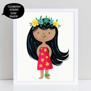 Hawaiian girl, cute hawaiian girl, hawaiian illustration, hawaiian art, hula, lei art, girl room decor, printable hawaiian illustration,