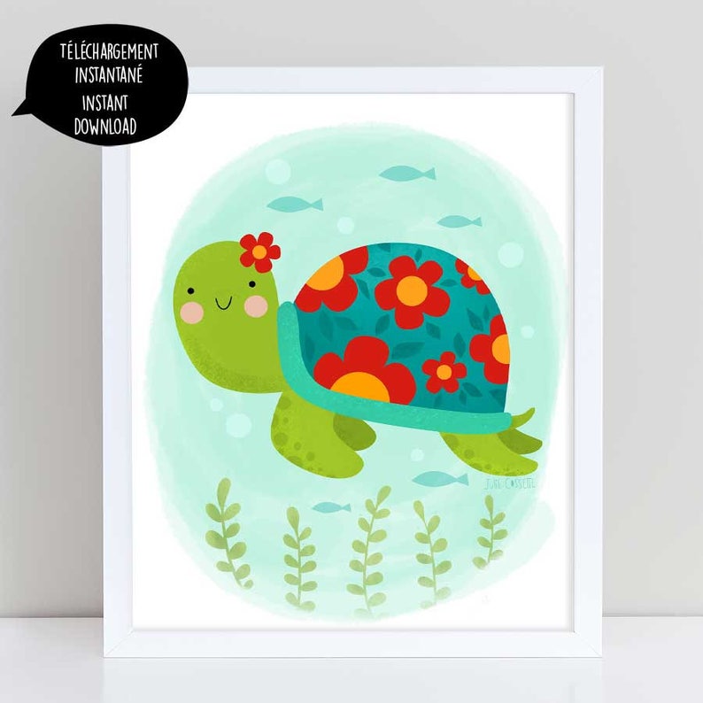 Turtle, turtle art, turtle poster, sea turtle, turtle decoration, nursery wall art, turtle wall art, kids wall art, digital turtle, ocean image 1