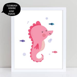Pink Seahorse illustration, seahorse art, printable art, ocean illustration, ocean art printable, nautical art, pink nursery wall art,