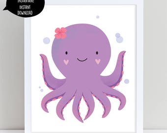 Purple octopus, octopus illustration, baby octopus, baby decor, nursery decor, purple decoration, kid room decor, ocean art, purple wall art