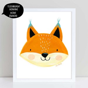 Fox, fox head, fox illustration, fox art, fox wall art, fox nursery art, fox room decor, fox printable, cute fox illustration, cute fox image 1