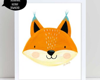 Fox, fox head, fox illustration, fox art, fox wall art, fox nursery art, fox room decor, fox printable, cute fox illustration, cute fox