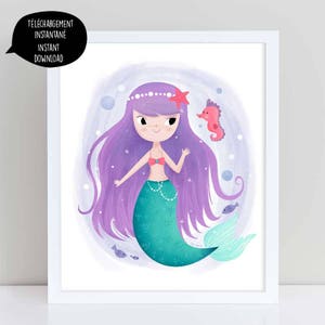 Purple Mermaid, mermaid illustration, mermaid print, mermaid digital, girl room decor, girl illustration, nursery wall art, mermaid download