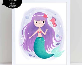 Sirena, ilustración de sirena, cartel de sirena, océano, caballitos de mar, arte de sirena, ilustración infantil, dormitorio de niños, decoración, ilustración niña