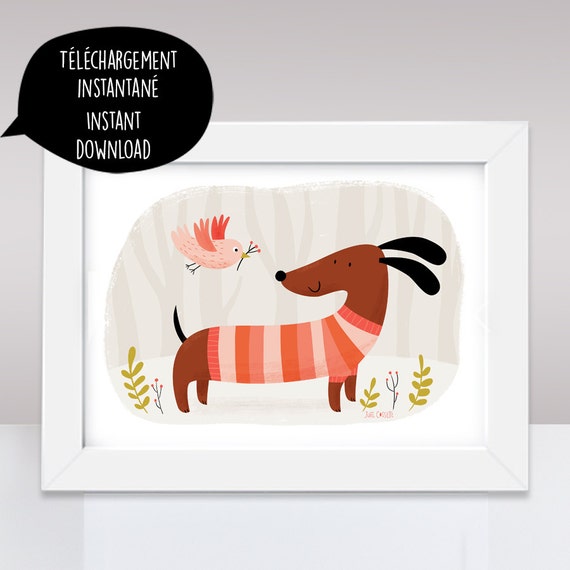 Chien saucisse, teckel, chien saucisse illustration, teckel illustration, affiche teckel, affiche chien saucisse, teckel affiche numérique