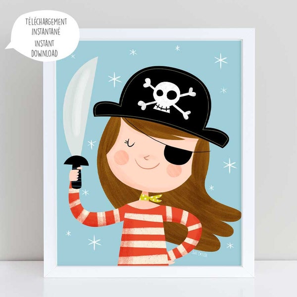 affiche fille Pirate, fille pirate art, pirate illustration, pirate décoration, pirate enfant, fille pirate à imprimer, art numérique pirate