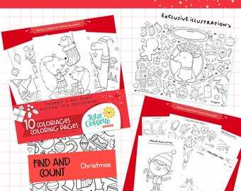 Big BUNDLE Christmas coloring kit - ENGLISH VERSION - 10 Holidays illustrations - 5 activities - 1 Find and Count - 1 exclusive coloring