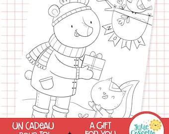Christmas Coloring Page- Cute animals illustration - Digital files - 8,5" x 11" - Downloadable file - Julie Cossette