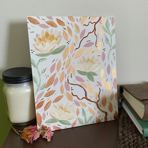 Metallic copper and mauve floral painting