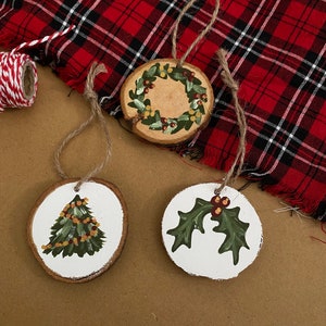 Set of 3 hand painted wood ornaments