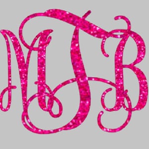 May include: Pink glitter monogram with the letters MJB in a cursive font.