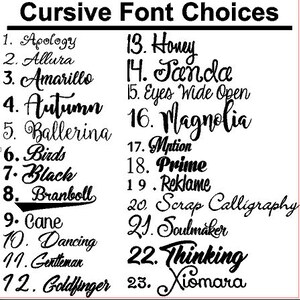May include: A list of cursive font choices, numbered 1 through 23, with each font name written in the corresponding style. The font names include Apology, Allura, Amarillo, Autumn, Ballerina, Birds, Black, Branboll, Cane, Dancing, Gentleman, Goldfinger, Honey, Tanda, Eyes Wide Open, Magnolia, Mption, Prime, Reklame, Scrap Calligraphy, Soulmaker, Thinking, and Xiomara.