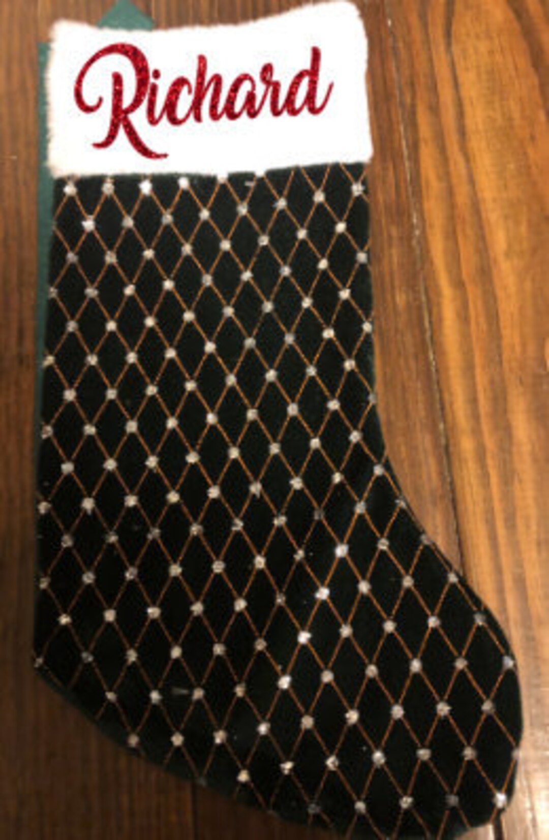 Dark Green and Silver Sparkle Personalized Christmas Stocking, Glitter