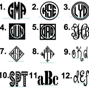 May include: A sheet of paper with 12 different monogram designs. The monograms are in black and white and are arranged in a grid pattern. The monograms are numbered 1 through 12.