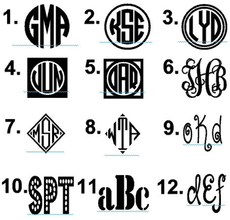 May include: A sheet of paper with 12 different monogram designs. The monograms are in black and white and are arranged in a grid pattern. The monograms are numbered 1 through 12.