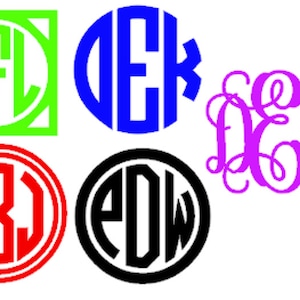 May include: Five different monogram designs. The first is a green square with a white circle inside with the letters "MFL" in white. The second is a blue circle with the letters "DEK" in white. The third is a purple cursive monogram with the letters "DEG". The fourth is a red circle with a white circle inside with the letters "LBJ" in white. The fifth is a black circle with a white circle inside with the letters "EDW" in white.