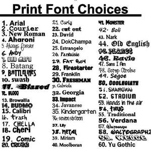 May include: A list of 60 different font choices for printing, displayed in black text on a white background. The fonts are numbered 1 through 60, with each font name listed next to its corresponding number.