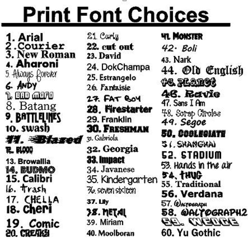 May include: A list of 60 different font choices for printing, displayed in black text on a white background. The fonts are numbered 1 through 60, with each font name listed next to its corresponding number.