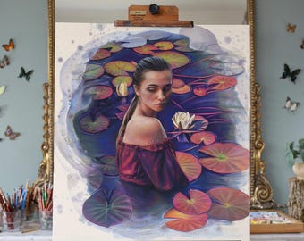 Water Nymph Ophelia Lily Pond, 24x27" Original Mixed Media Painting, Contemporary Whimsical Pre-Raphaelite Art