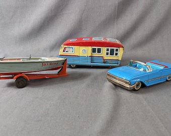 Vintage Japanese Haji Tin Car, Boat with trailer, and Camper