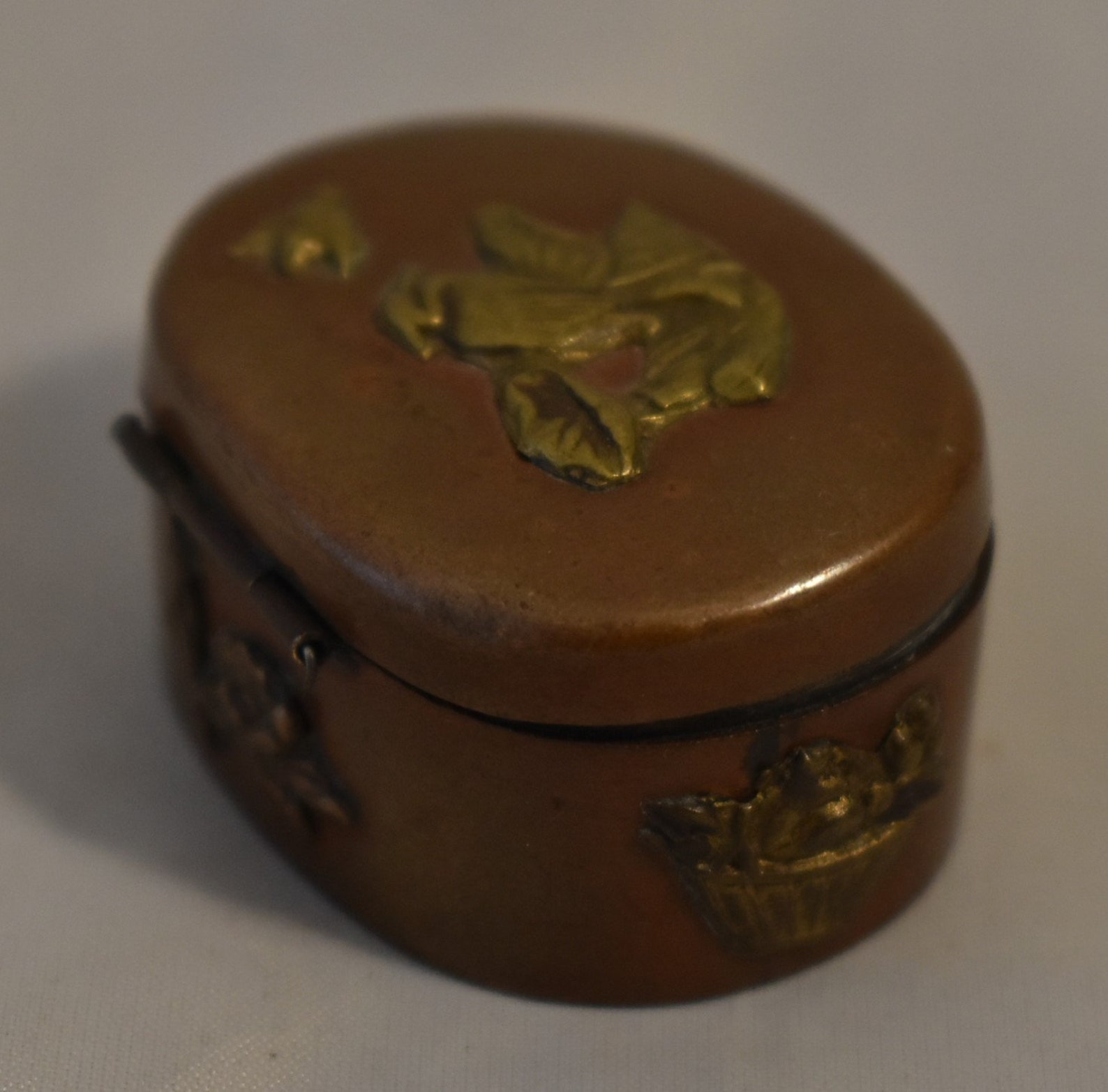 Antique Snuff Box/pill Box Copper With Applique Brass Birds Etsy