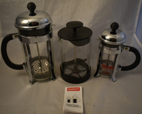 2 Bodum Chambord Chrome Coffee Presses and 1 Bodum Milk Frother 