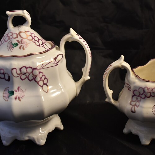 Antique Victorian Cream Jug and Sugar shops Bowl, Hand Decorated Pink Lustre, circa 1870