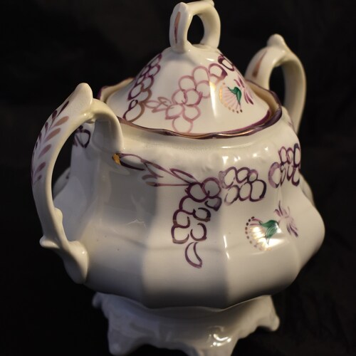 Antique Victorian Cream Jug and Sugar shops Bowl, Hand Decorated Pink Lustre, circa 1870