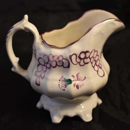 Antique Victorian Cream Jug and Sugar shops Bowl, Hand Decorated Pink Lustre, circa 1870