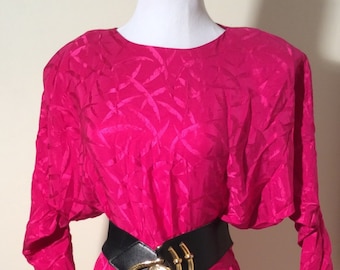 Vintage 1980s Hot Pink Magenta Silk Dolman Sleeve Dress with Ruffle Skirt by St Gillian Silks, Size 12