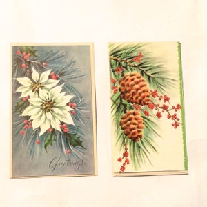 Vintage 1960s MCM Classic Lithograph Set of 2 Christmas/Holiday Cards/Floral and Pinecone/Mistletoe