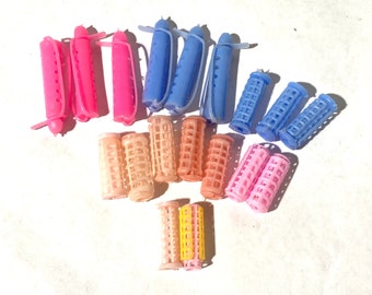 Vintage 1970s/1980s Set of 18  11.5"/30 cm Fashion Doll 1:6 Scale OVERSIZED Multicolored Plastic Hair Curlers/Most with Both Pieces