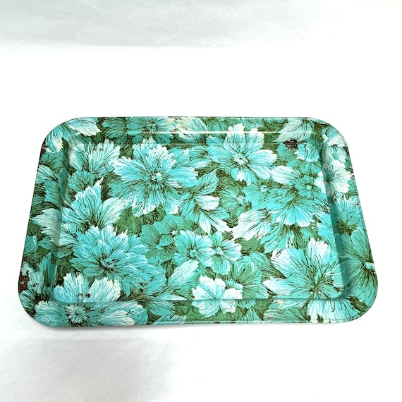 Vintage 1960s Mid Century Modern Magnificence Green and Blue Floral Collectible TV Tray/Folding Tray/Breakfast in Bed Please/Now Please/MCM
