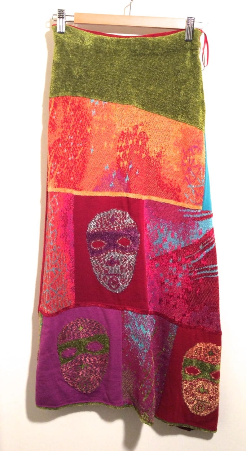 Vintage Early 1990s Chacok French Amazing Textile Multi Colored MaskFace Unique Plush Long Skirt
