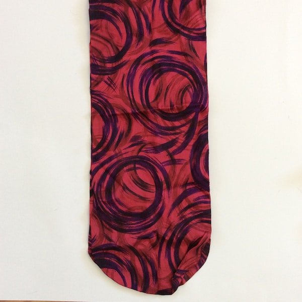 Vintage 1970s Long Thin Magenta Silk Scarf with Circle Motif, Rounded edges, Boho Hair Tie, Belt, Neck tie