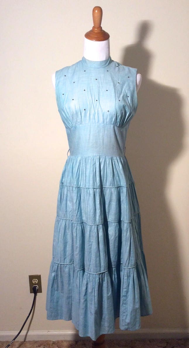 light blue 1940s dress Men's Blue Stripe Long Sleeve Snap Shirt S main image 0