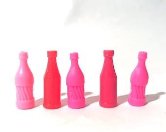 Vintage 1990s 11.5"/30 cm Fashion Doll Lot of 5 Miniature 1:6 Scale Pink and Red Soda/Pop/Wine/Drink/Beverage Mini Bottles/Ketchup?