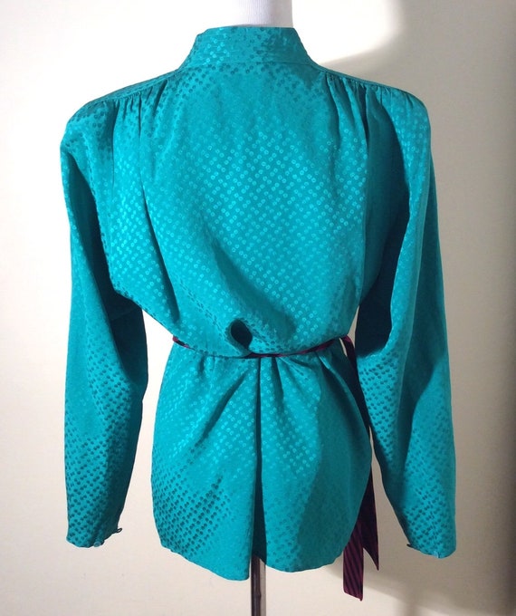 Vintage Early 1980s Teal Green Silk V Neck Blouse… - image 3