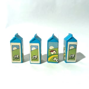 Vintage 1980s 11.5&quot;/30cm Fashion Doll Bright Blue Milk Cartons w/ Lovely Bucolic Cow Images/Dollhouse Miniature/Dairy Mini Heaven