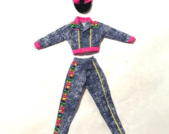 Vintage 1990s 11.5"/30 cm Fashion Doll Acid Wash Denim Neon Hop Hop Yes Two Piece Leisure Suit w/ Neon Biker Cap