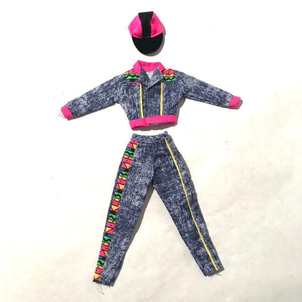 Vintage 1990s 11.5"/30 cm Fashion Doll Acid Wash Denim Neon Hop Hop Yes Two Piece Leisure Suit w/ Neon Biker Cap