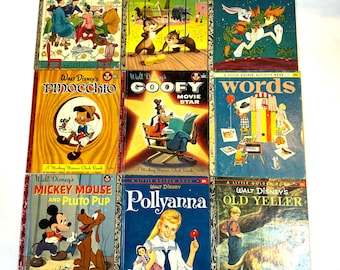 May include: A collection of nine vintage children's books featuring characters like Mickey Mouse, Pluto, Goofy, Bugs Bunny, and Pollyanna. The books have colorful covers with illustrations of the characters.