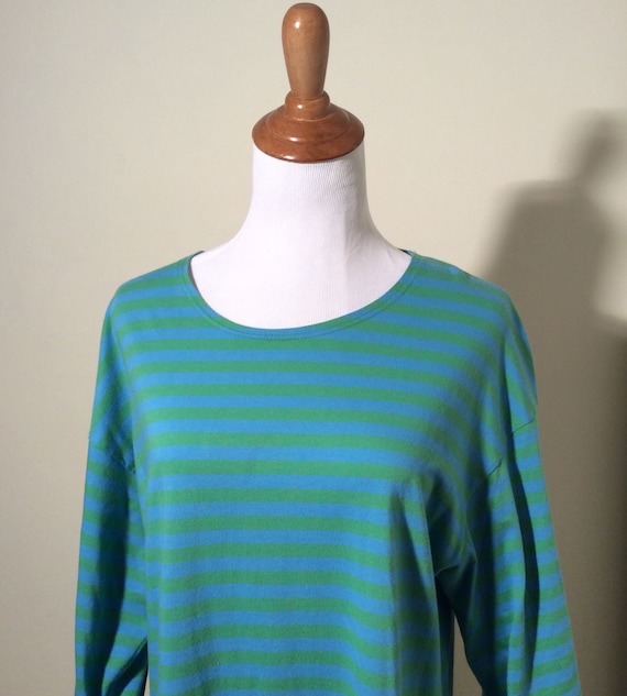 Vintage 1980s Marimekko Green and Blue Striped Dr… - image 4