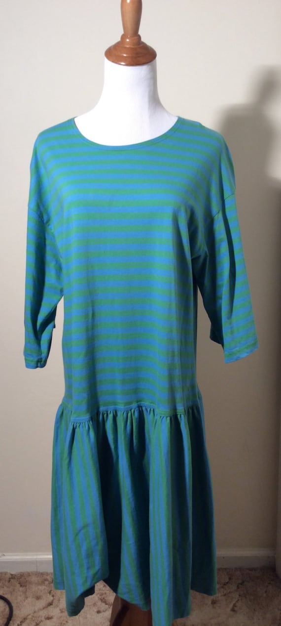 Vintage 1980s Marimekko Green and Blue Striped Dre