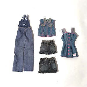 Vintage 1990s 11.5" Fashion Doll Denim Pieces/ Designer/Pink and Blue ContrastOveralls /Short Skirts/Barbie label vest