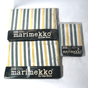 Vintage 1970s New with Tags Sealed Marimekko by Dan River Full/Double Sheet Set/ Minimalist Grey Yellow White Striped/Complete Set